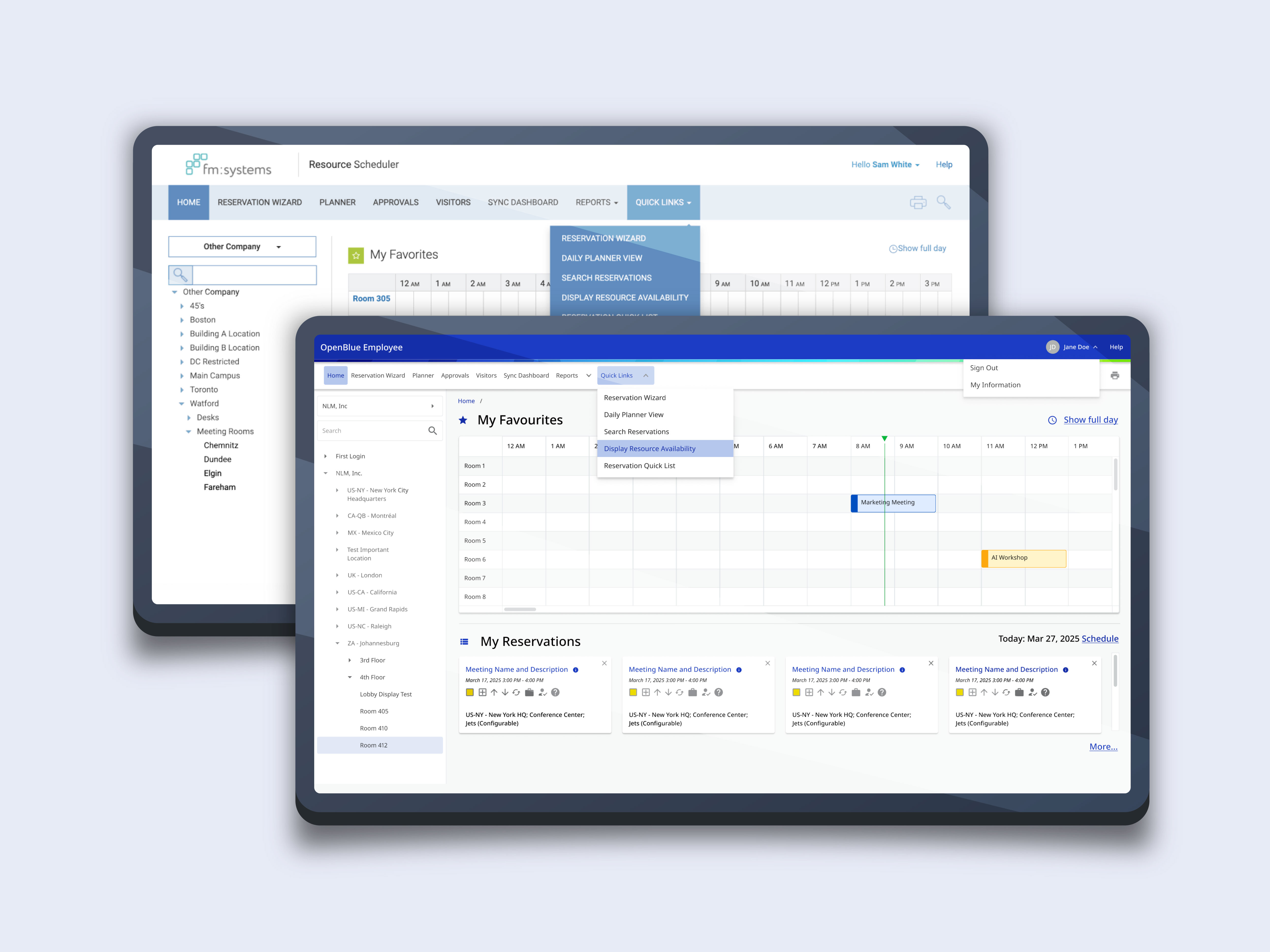 FM:Systems Resource Scheduler and OpenBlue Employee tablet interfaces from the UI redesign built on Johnson Controls' OpenBlue Element Design System