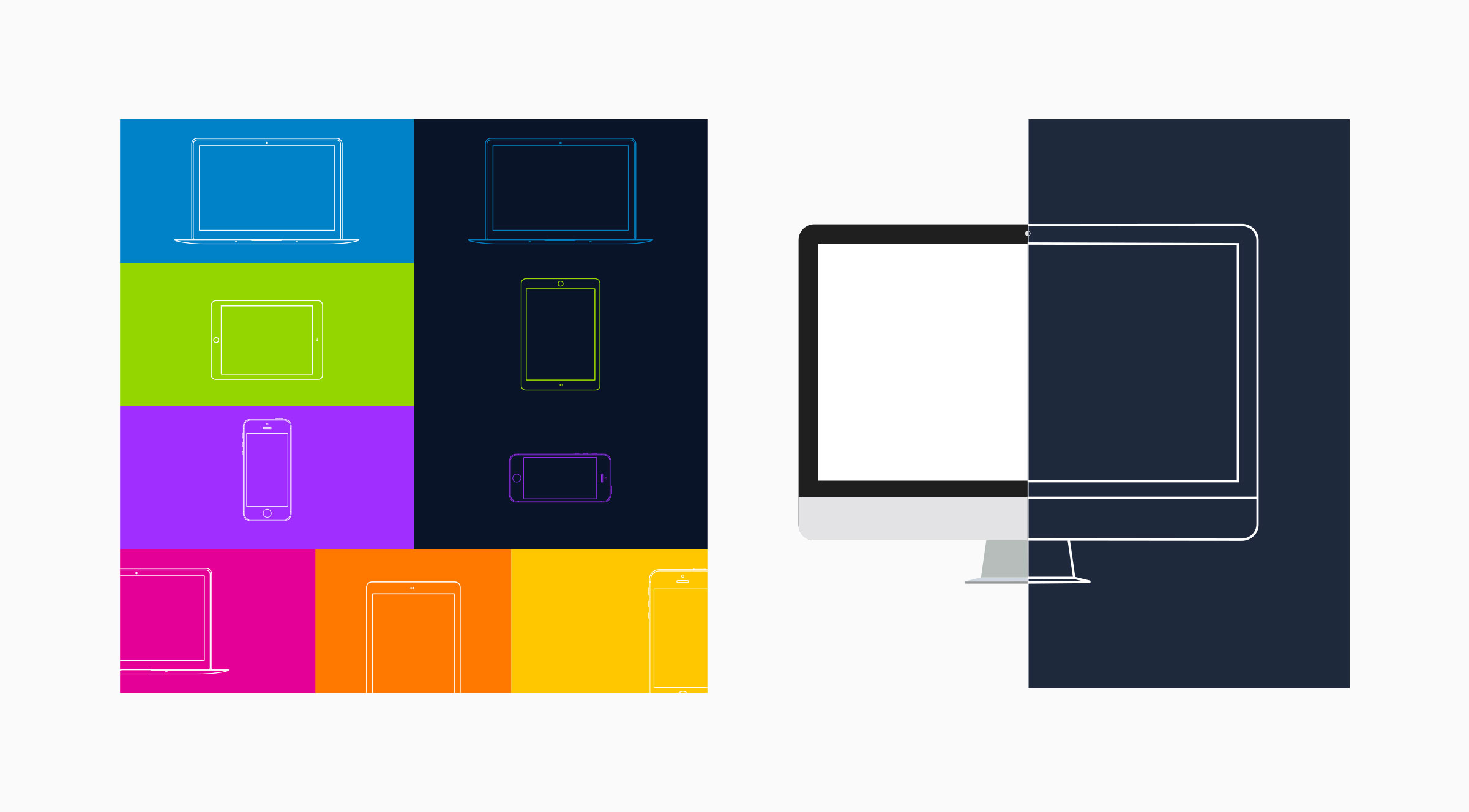 Outline device illustrations — laptops, tablets and phones on colour blocks and dark navy, beside a desktop monitor split between light and dark treatments
