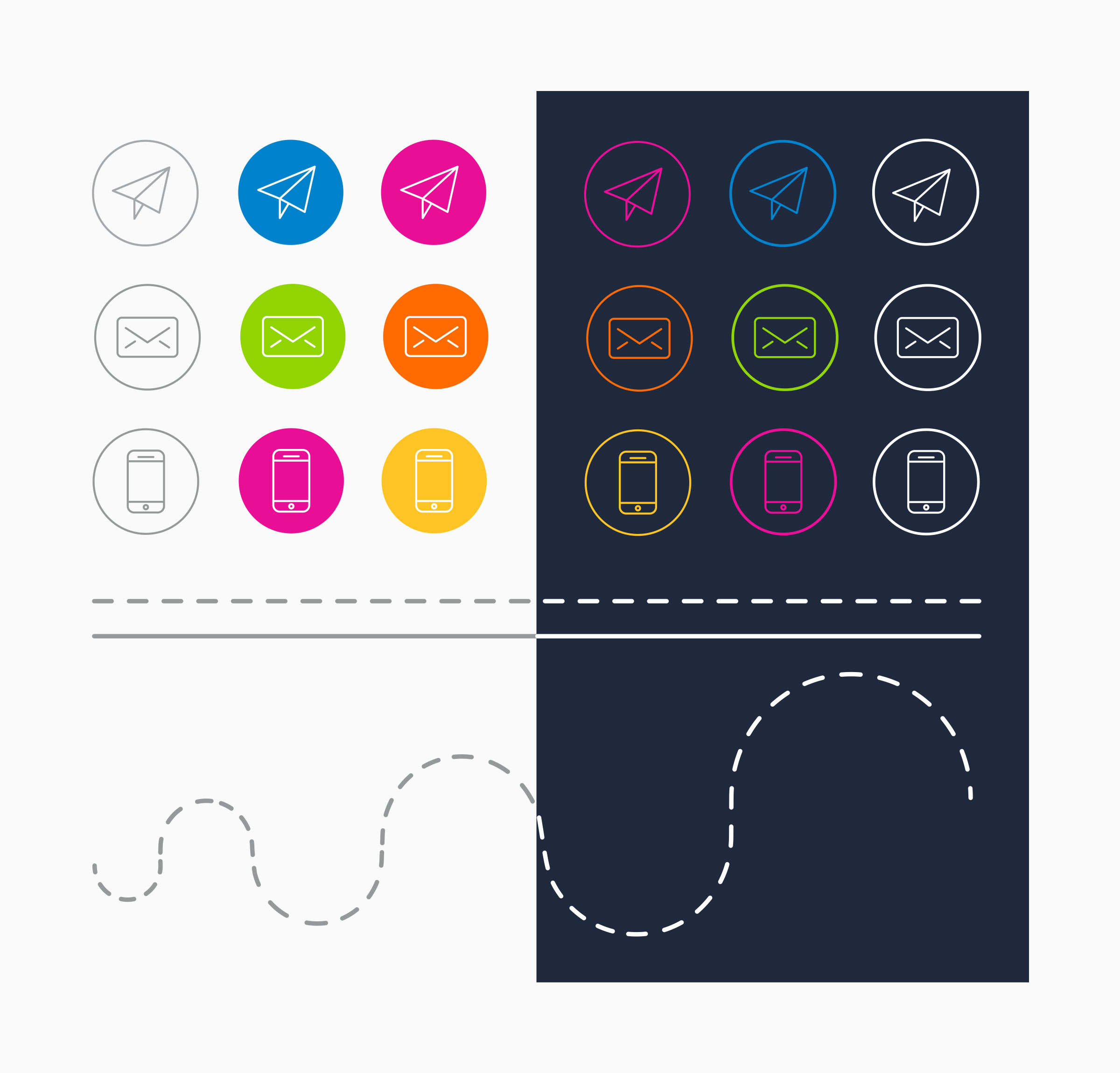 Everlytic line iconography — paper plane, envelope and phone icons in outlined and filled colour circles on light and dark backgrounds, with dashed path lines