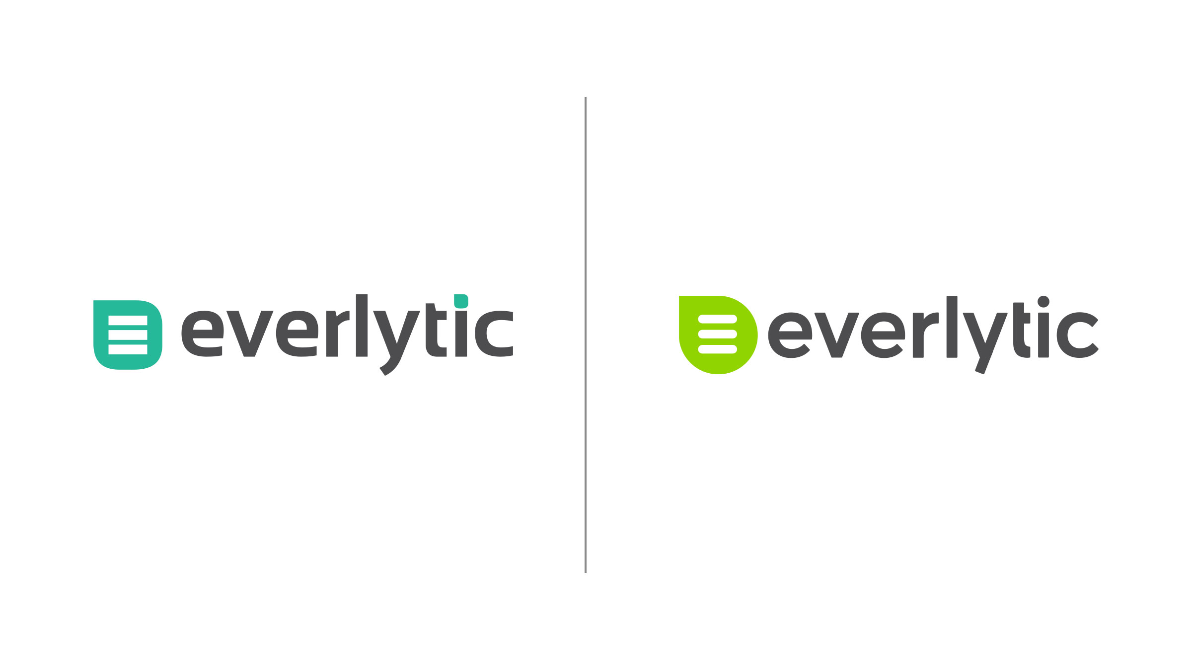 Side-by-side comparison of the old teal Everlytic logo and the redesigned lime green message mark with the everlytic wordmark