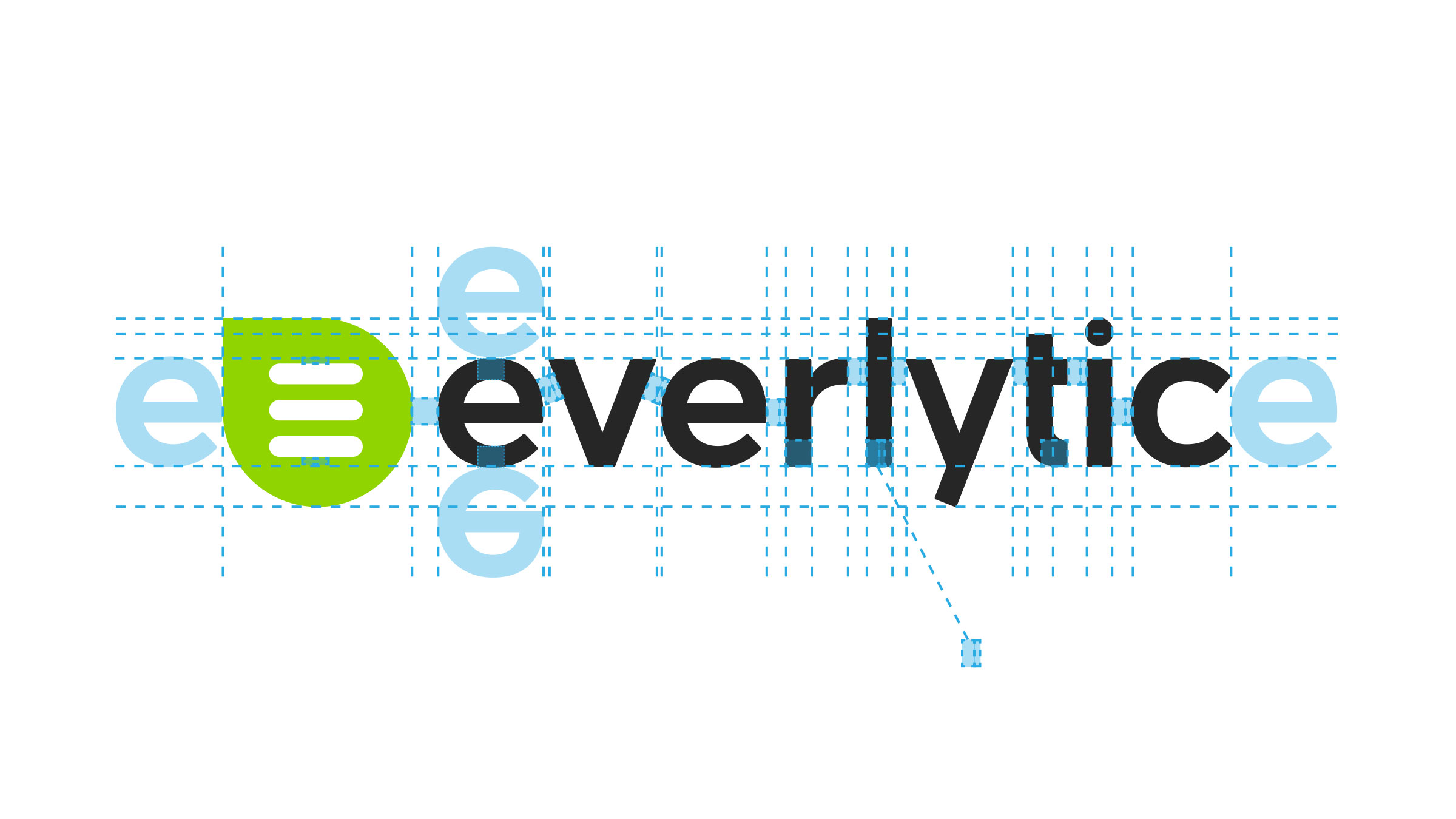 The Everlytic mark and wordmark on a dashed blue construction grid, with ghosted letterforms marking spacing and alignment