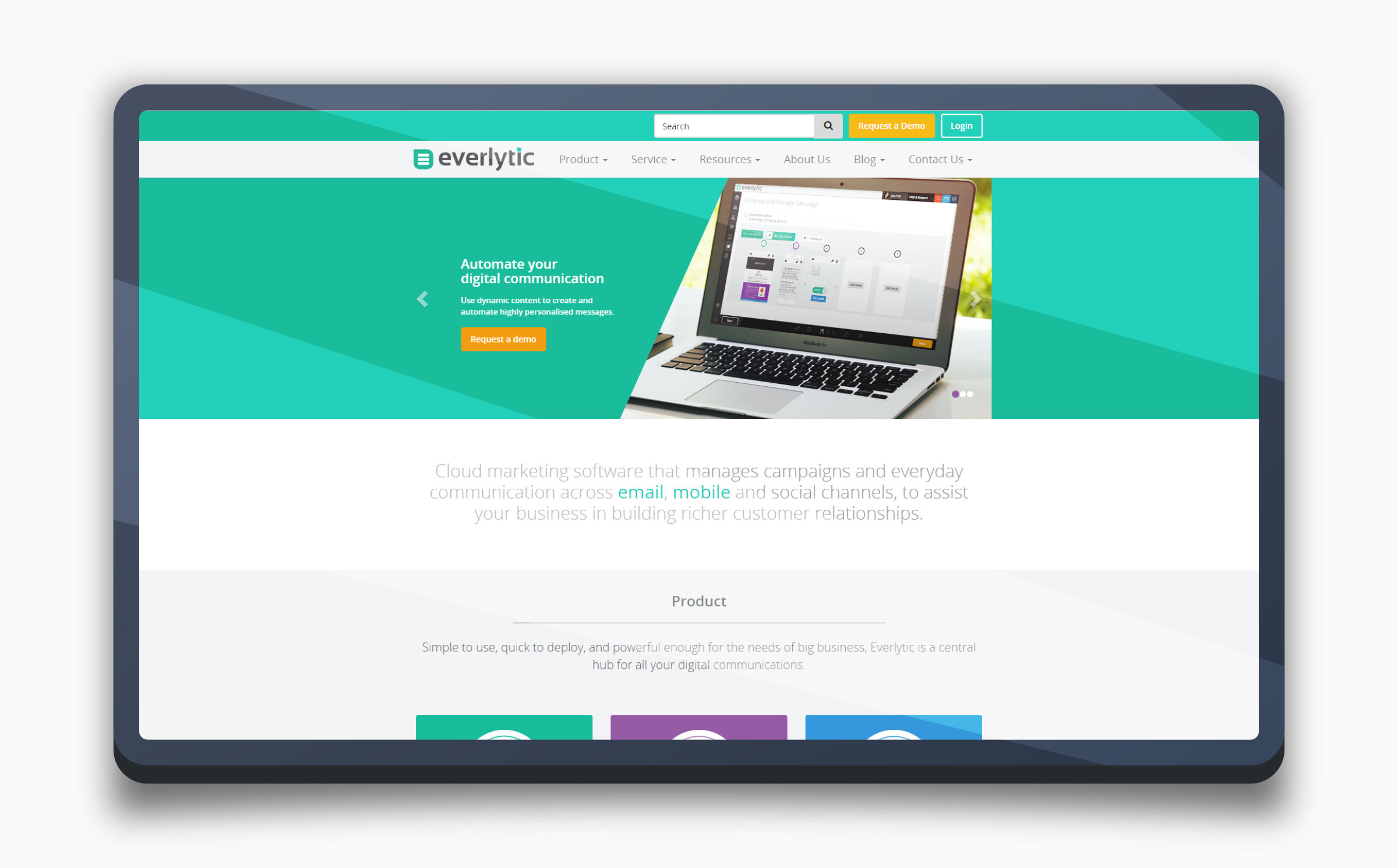 The improved Everlytic website on a tablet — a cleaner teal geometric hero with a MacBook Air and simplified product sections