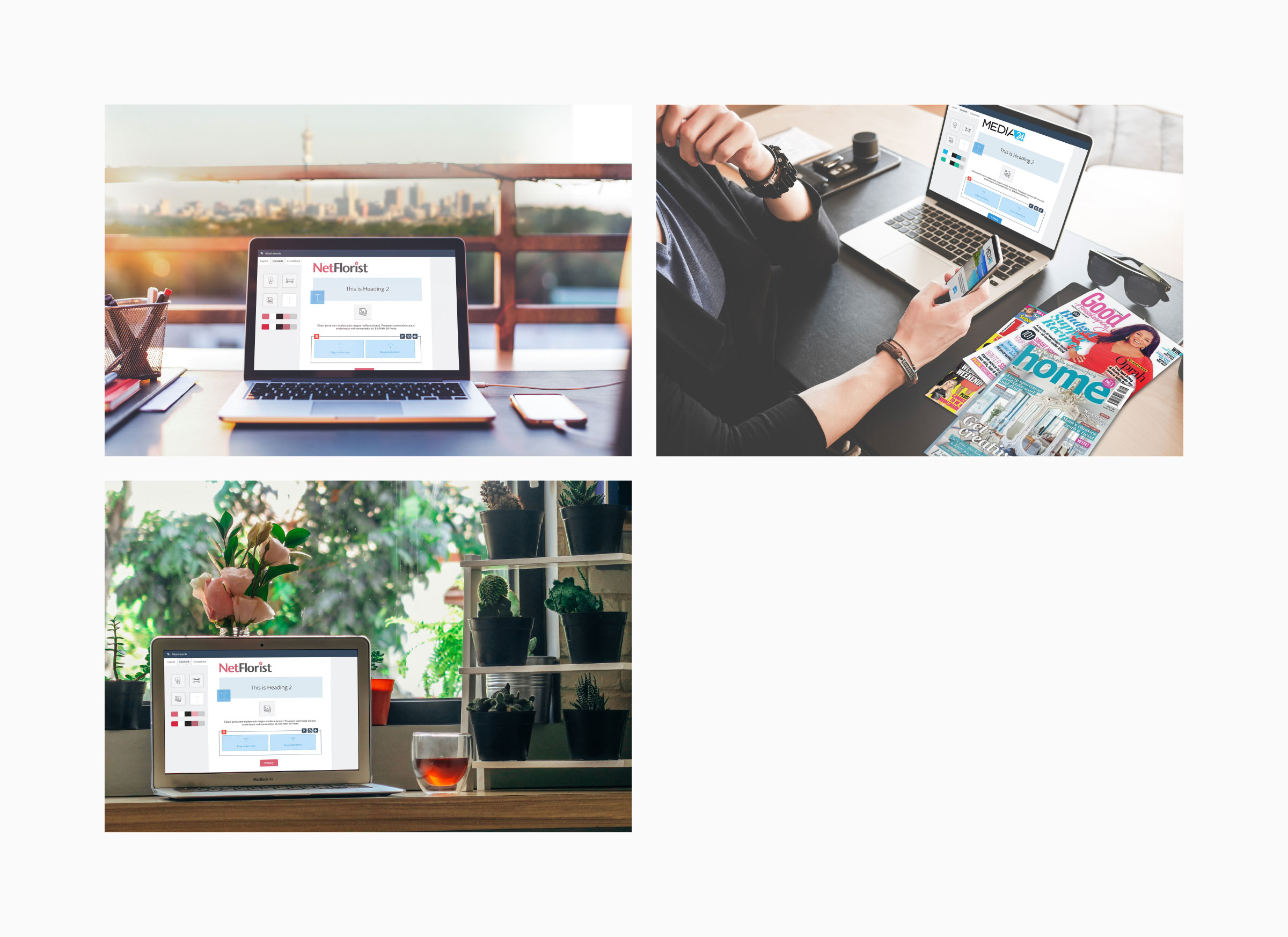 Lifestyle photos of laptops showing the Everlytic email builder with NetFlorist and Media24 client branding in real workspaces