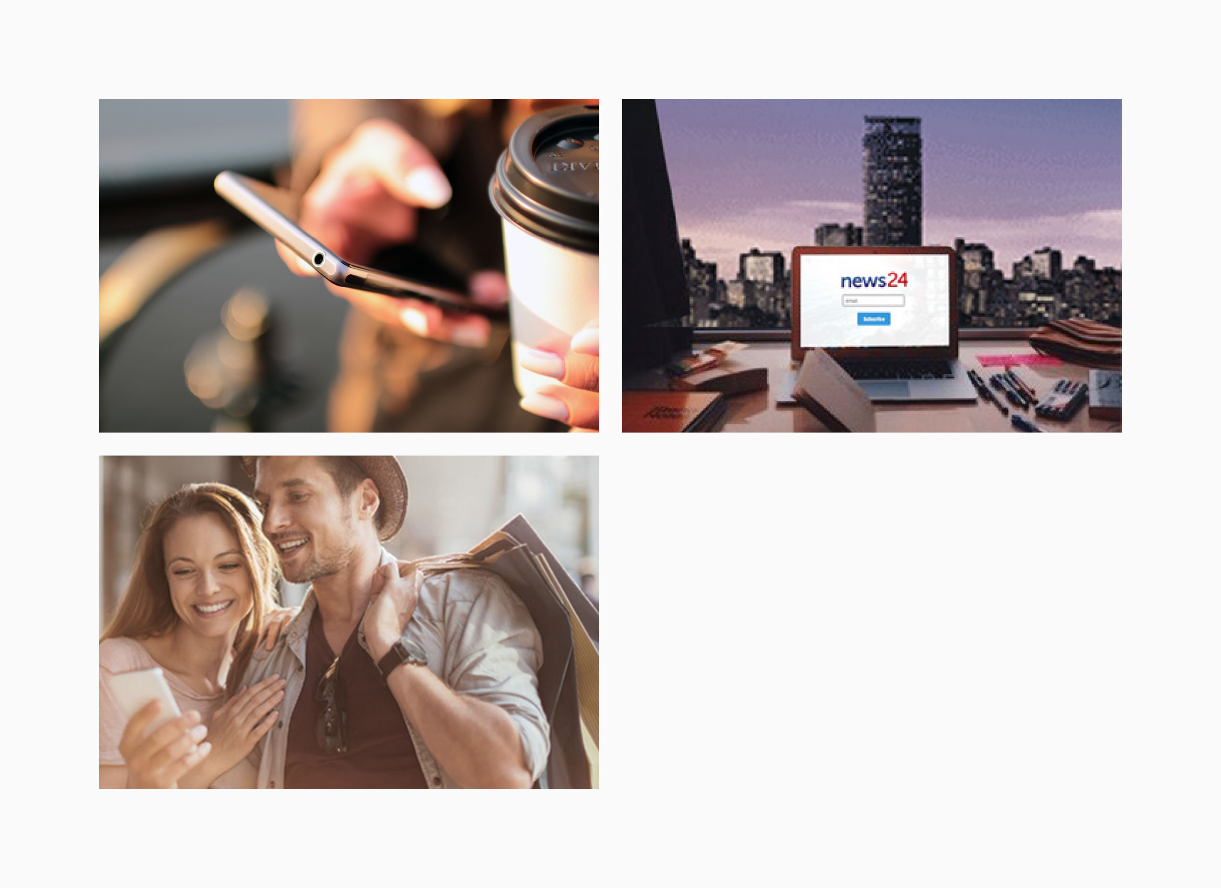 Photos of people receiving messages — a hand holding a phone with coffee, a laptop showing a News24 signup form, and a couple reading a phone together