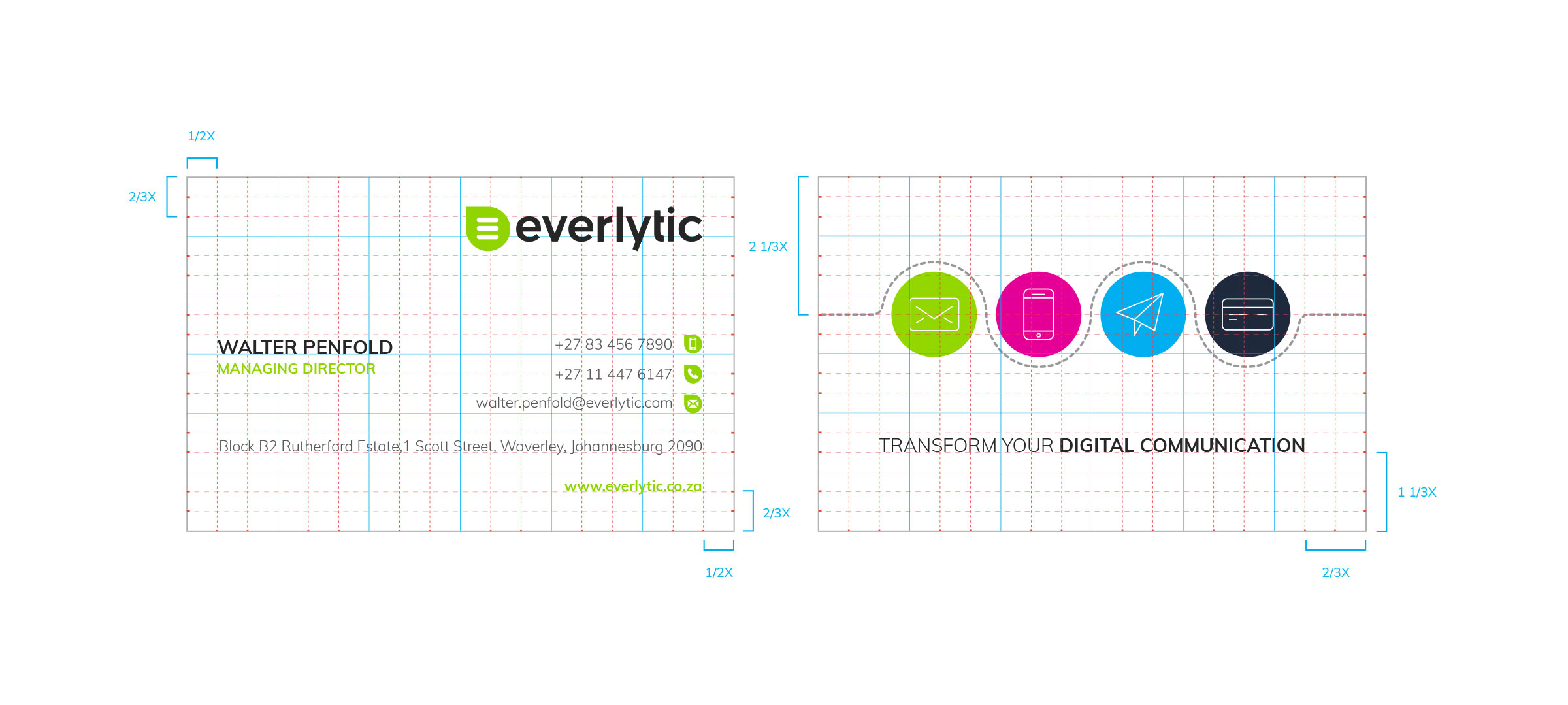 Everlytic business card front and back laid out on a construction grid with measurement annotations and the four product icons