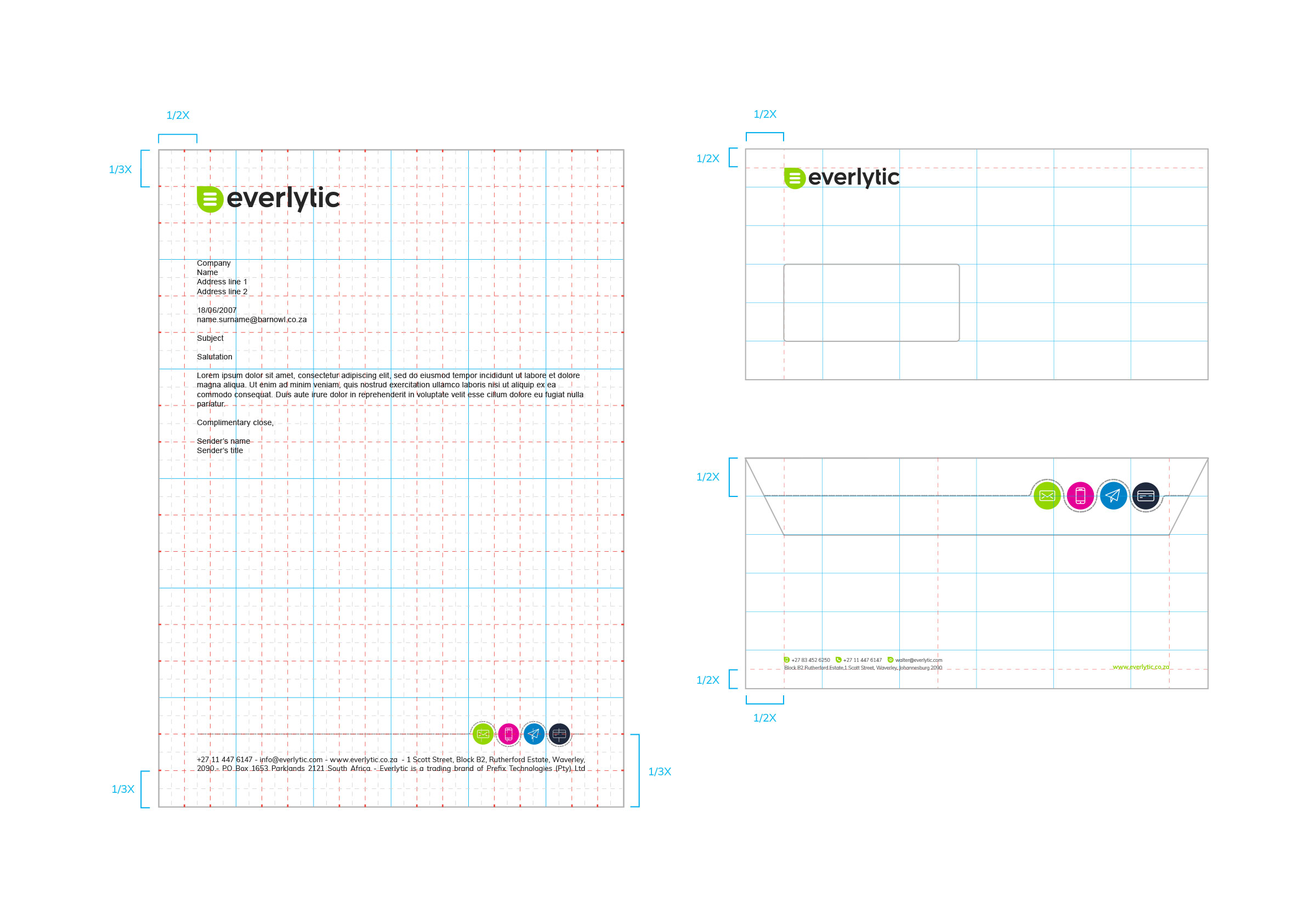 Everlytic letterhead and envelope layouts on a construction grid with measurement annotations