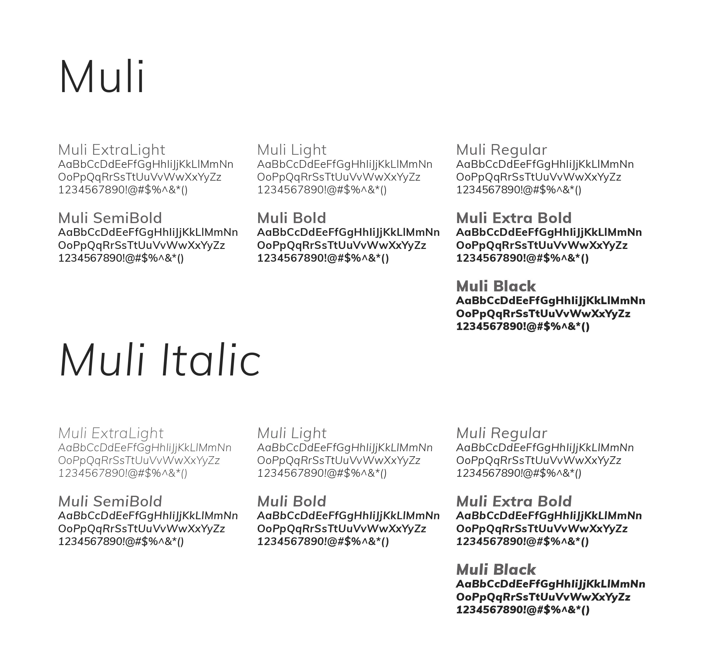 Muli type specimen showing ExtraLight through Black weights in both upright and italic styles