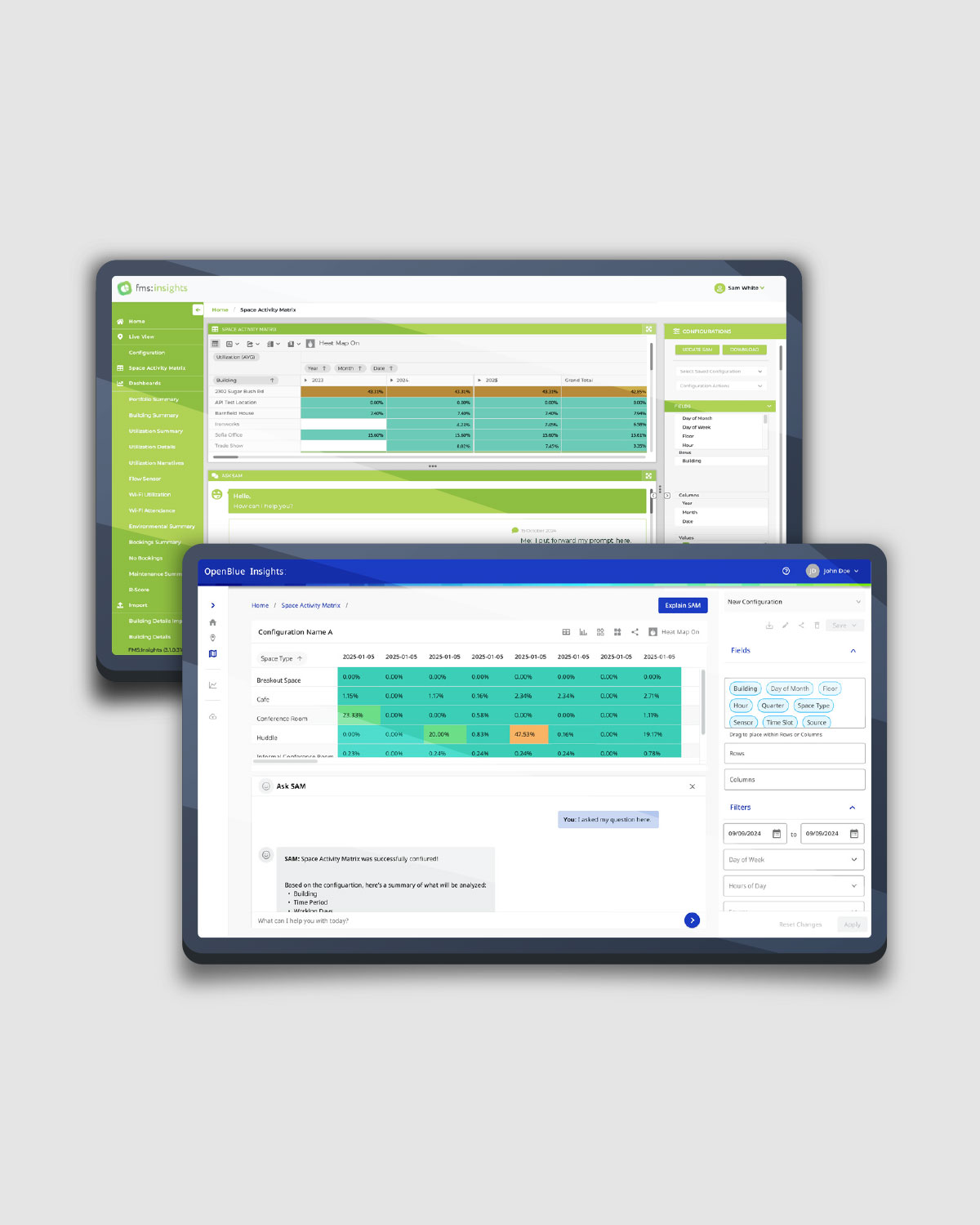 The fms:insights Space Activity Matrix and its redesigned OpenBlue Insights version, showing a utilisation heat map and the 'Ask SAM' AI assistant