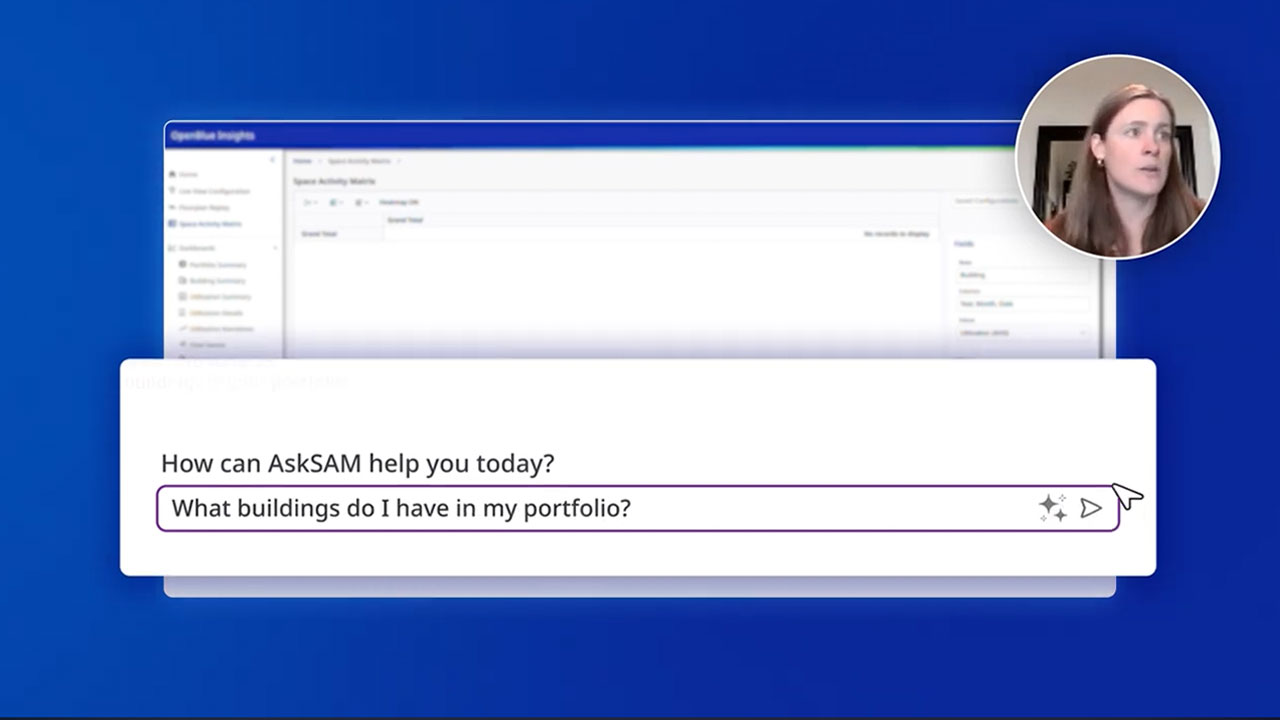 AskSAM natural-language chat prompt asking "What buildings do I have in my portfolio?" over the OpenBlue Insights dashboard